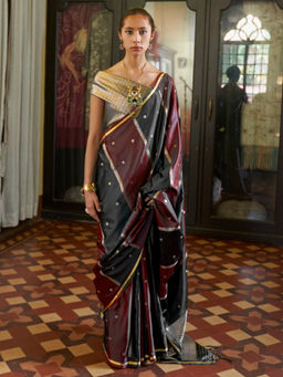 Akhilam - Women's Satin Maroon Woven Design Saree with Unstitched Blouse