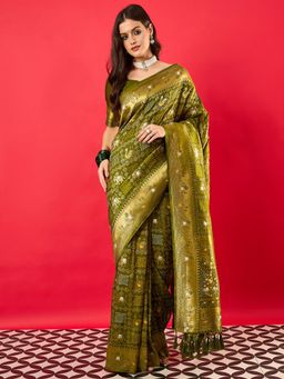 Akhilam - Women's Dola Silk Green Woven Design Saree with Unstitched Blouse