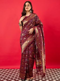 Akhilam - Women's Dola Silk Burgundy Woven Design Saree with Unstitched Blouse