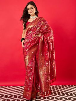 Akhilam - Women's Dola Silk Red Woven Design Saree with Unstitched Blouse