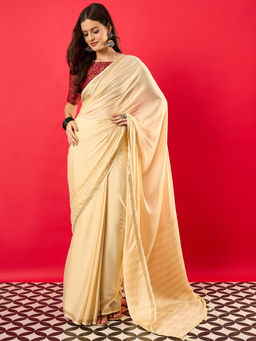 Akhilam - Women's Mysore Silk Cream Woven Design Saree with Unstitched Blouse
