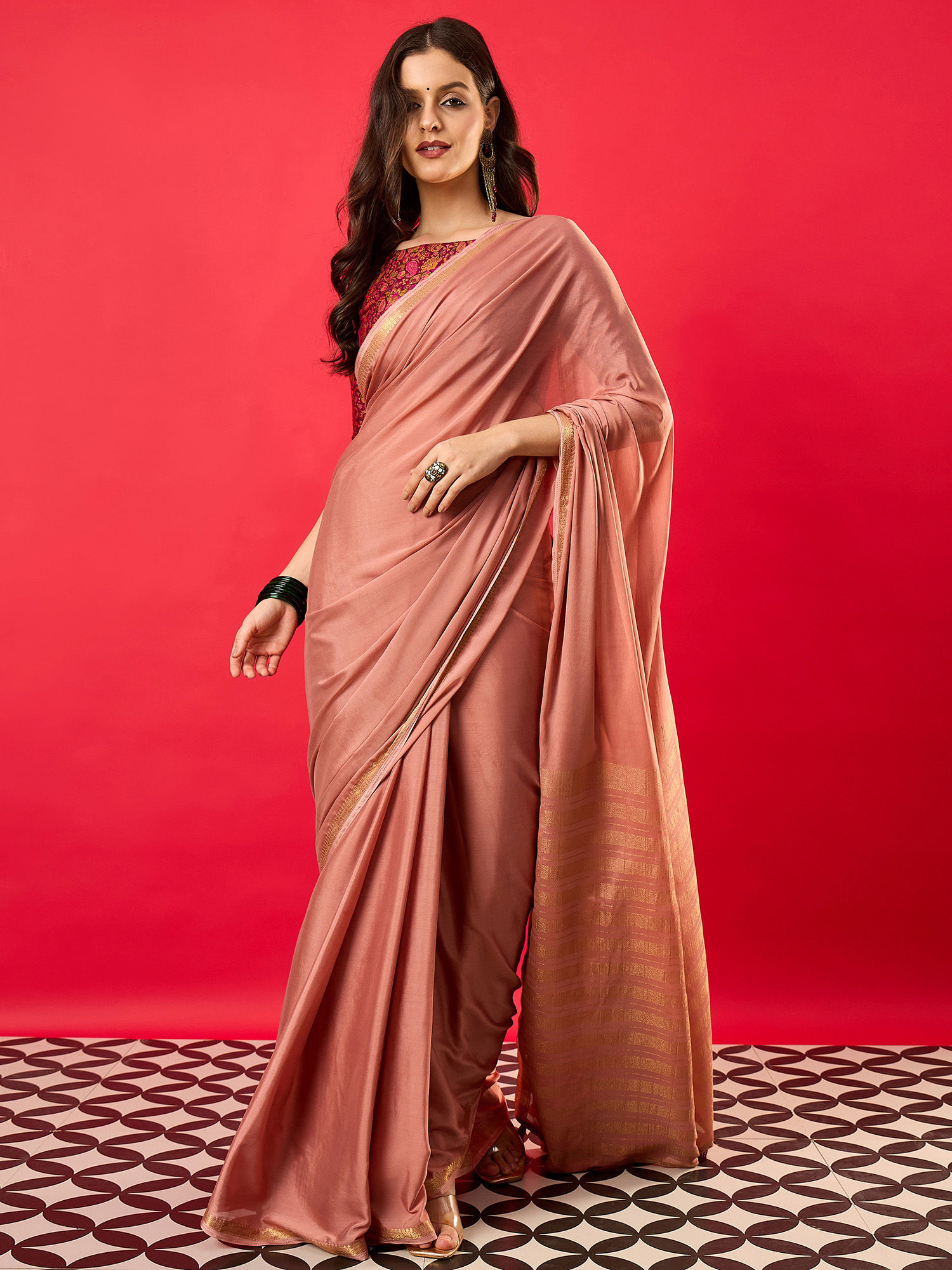 akhilam Women's Mysore Silk Peach Woven Design Saree with Unstitched Blouse-picture-39
