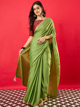 Akhilam - Women's Mysore Silk Light Green Woven Design Saree with Unstitched Blouse