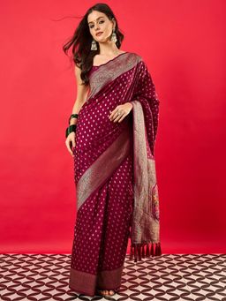 Akhilam - Women's Dola Silk Burgundy Woven Design Saree with Unstitched Blouse