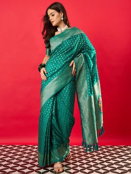 Akhilam - Women's Dola Silk Turquoise Woven Design Saree with Unstitched Blouse