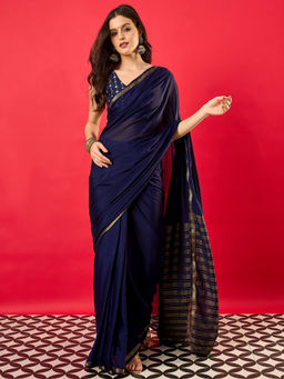 Akhilam - Women's Mysore Silk Navy Blue Woven Design Saree with Unstitched Blouse