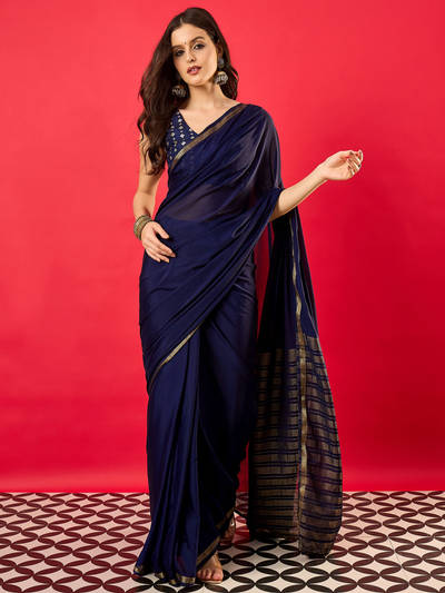 Women's Mysore Silk Navy Blue Woven Design Saree with Unstitched Blouse