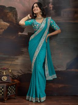 Akhilam - Women's Georgette Turquoise Printed Saree with Unstitched Blouse