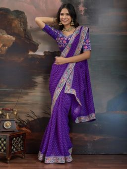 Akhilam - Women's Georgette Purple Printed Saree with Unstitched Blouse