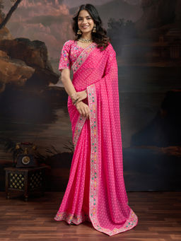 Akhilam - Women's Georgette Pink Printed Saree with Unstitched Blouse