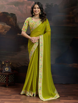 Akhilam - Women's Georgette Light Green Printed Saree with Unstitched Blouse