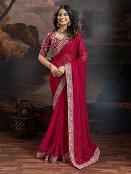 Akhilam - Women's Georgette Maroon Printed Saree with Unstitched Blouse