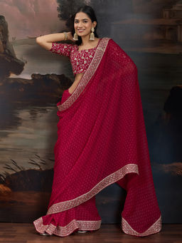 Akhilam - Women's Georgette Maroon Printed Saree with Unstitched Blouse