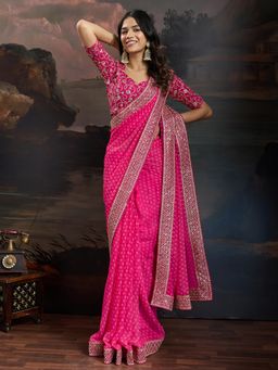 Akhilam - Women's Georgette Pink Printed Saree with Unstitched Blouse