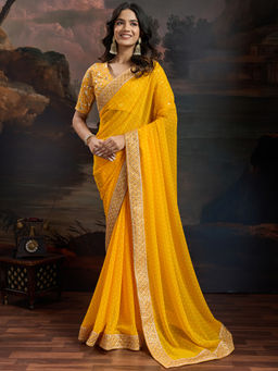 Akhilam - Women's Georgette Yellow Printed Saree with Unstitched Blouse
