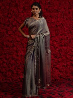 Akhilam - Women's Chiffon Grey Embellished Saree with Unstitched Blouse