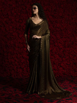 Akhilam - Women's Satin Silk Olive Embellished Saree with Unstitched Blouse