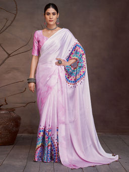 Akhilam - Women's Satin Pink Digital Print Saree with Unstitched Blouse