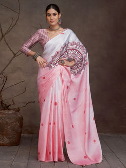 Akhilam - Women's Satin Peach Digital Print Saree with Unstitched Blouse