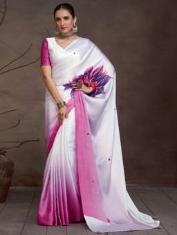 Akhilam - Women's Satin Pink Digital Print Saree with Unstitched Blouse