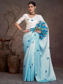 Akhilam - Women's Satin Light Blue Digital Print Saree with Unstitched Blouse