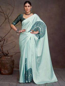 Akhilam - Women's Satin Green Digital Print Saree with Unstitched Blouse