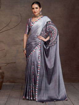 Akhilam - Women's Satin Charcoal Grey Digital Print Saree with Unstitched Blouse