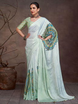 Akhilam - Women's Satin Sea Green Digital Print Saree with Unstitched Blouse