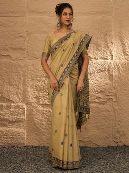 Akhilam - Women's Linen Beige Woven Design Saree with Unstitched Blouse