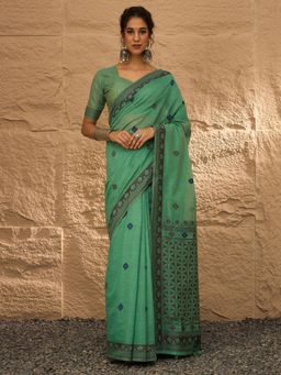 Akhilam - Women's Linen Sea Green Woven Design Saree with Unstitched Blouse