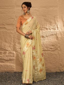 Akhilam - Women's Linen Cream Woven Design Saree with Unstitched Blouse
