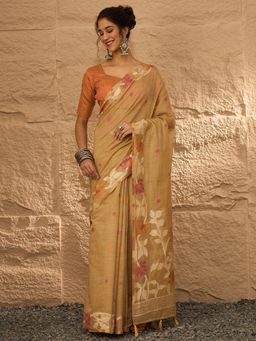 Akhilam - Women's Linen Beige Woven Design Saree with Unstitched Blouse