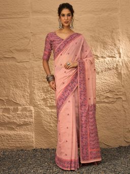 Akhilam - Women's Linen Pink Woven Design Saree with Unstitched Blouse