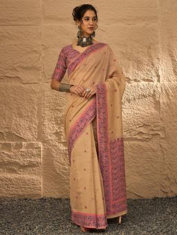 Akhilam - Women's Linen Beige Woven Design Saree with Unstitched Blouse