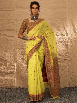 Akhilam - Women's Linen Lemon Yellow Woven Design Saree with Unstitched Blouse