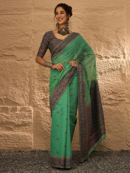 Akhilam - Women's Linen Sea Green Woven Design Saree with Unstitched Blouse