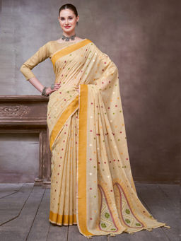 Akhilam - Women's Linen Yellow Woven Design Saree with Unstitched Blouse