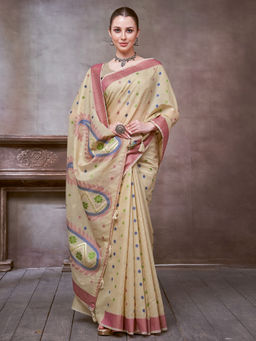 Akhilam - Women's Linen Pink Woven Design Saree with Unstitched Blouse