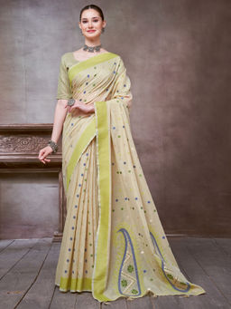 Akhilam - Women's Linen Lime Green Woven Design Saree with Unstitched Blouse