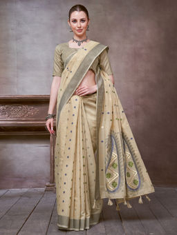 Akhilam - Women's Linen Beige Woven Design Saree with Unstitched Blouse