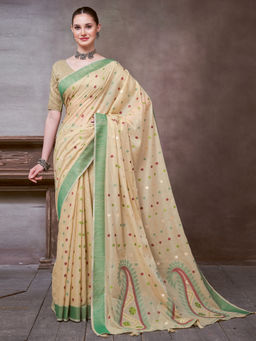 Akhilam - Women's Linen Green Woven Design Saree with Unstitched Blouse
