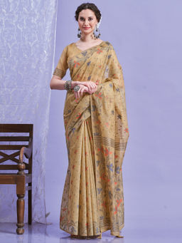 Akhilam - Women's Linen Beige Woven Design Saree with Unstitched Blouse