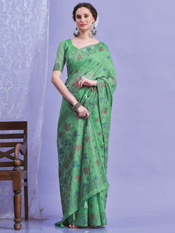 Akhilam - Women's Linen Teal Green Woven Design Saree with Unstitched Blouse