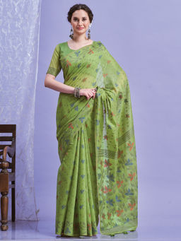 Akhilam - Women's Linen Green Woven Design Saree with Unstitched Blouse