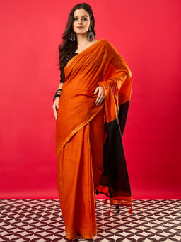 Akhilam - Women's Cotton Orange Solid Saree with Unstitched Blouse