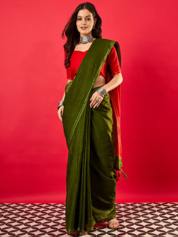 Akhilam - Women's Cotton Green Solid Saree with Unstitched Blouse