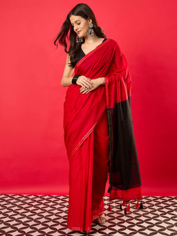Akhilam - Women's Cotton Red Solid Saree with Unstitched Blouse