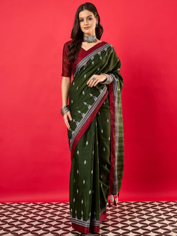 Akhilam - Women's Muslin Green Digital Print Saree with Unstitched Blouse