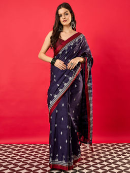 Akhilam - Women's Muslin Navy Blue Digital Print Saree with Unstitched Blouse