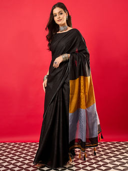 Akhilam - Women's Cotton Black Woven Saree with Unstitched Blouse